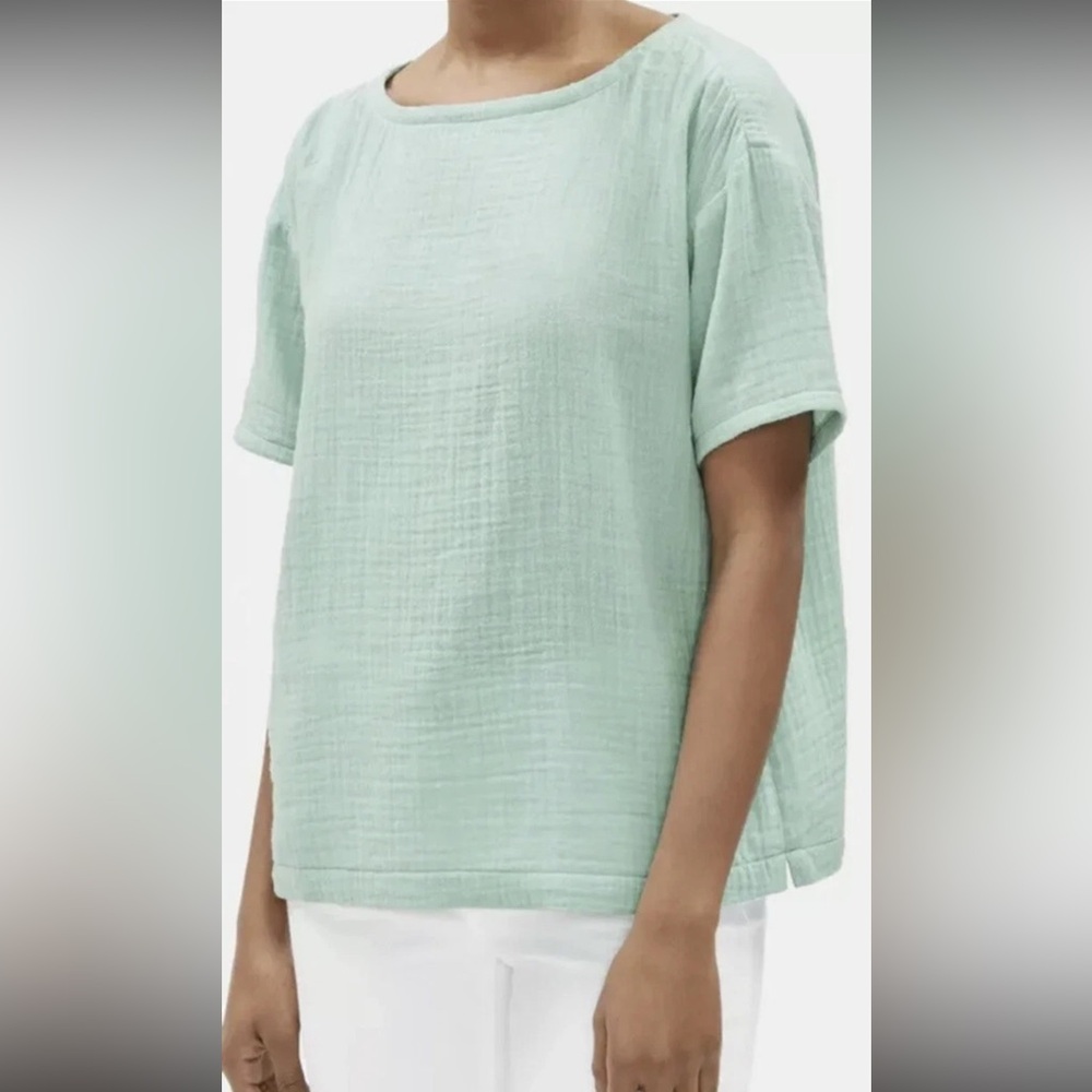 Eileen Fisher Calypso Green Gauze Organic Cotton Short Sleeve Bateau Neck Top
